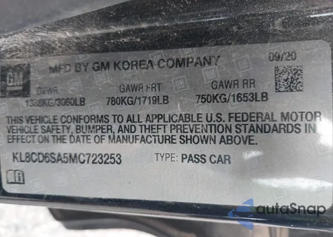 2021 Chevrolet Spark Fwd 1Lt Automatic из США, поврежденный, VIN KL8CD6SA5MC723253